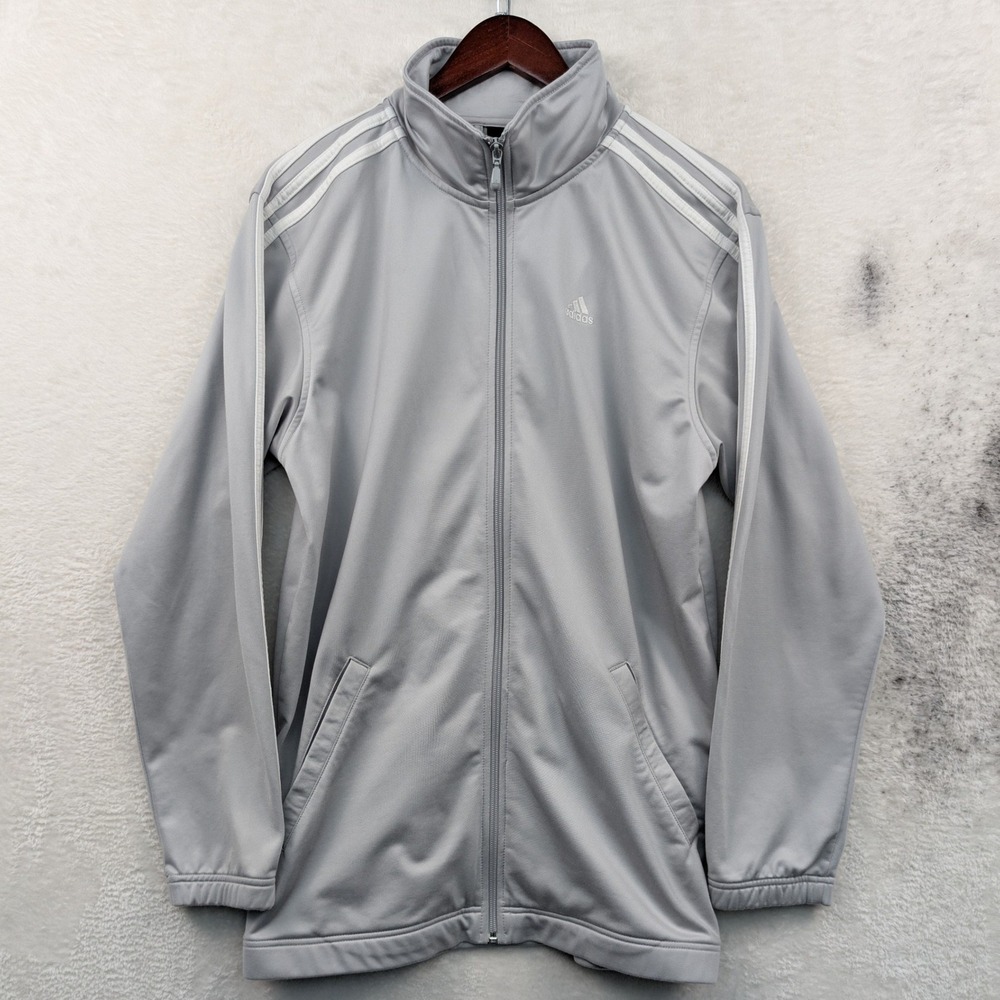 VTG Adidas Jacket Men's Small Gray 3 Stripe Full Zip Track Mock Neck Sporty Y2K